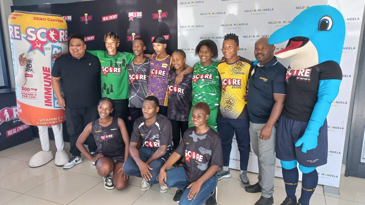 Representatives from the various Madibaz Campus League sport codes proudly show off their new kit sponsored by Score Energy Drink.